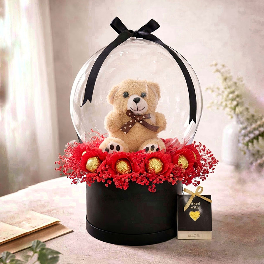 Valentine's Day Gifts - Red Blooms with Teddy Bear Balloon